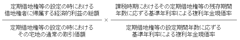 (定期借地権等の設定の時における借地権者に帰属する経済的利益の総額÷定期借地権等の設定の時におけるその宅地の通常の取引価格)×(課税時期におけるその定期借地権等の残存期間年数に応ずる基準年利率による複利年金現価率÷定期借地権等の設定期間年数に応ずる基準年利率による複利年金現価率)の計算式