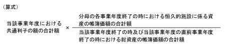 (算式)当該事業年度における共通利子の額の合計額 × 分母の各事業年度終了の時における恒久的施設に係る資産の帳簿価額の合計額 ÷ 当該事業年度終了の時及び当該事業年度の直前事業年度終了の時における総資産の帳簿価額の合計額